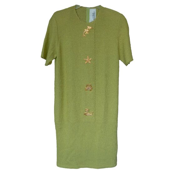 Steve Fabrikant Dress Chartreuse Santana Knit Wool VTG 80s Gold Button Gaudy - Picture 6 of 13